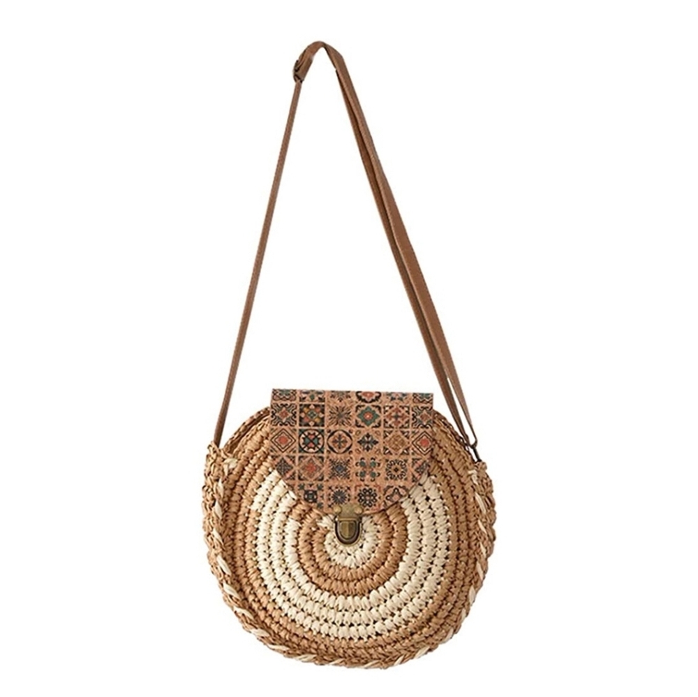 New Tan Boho Round Straw Woven Crossbody Bag with Vintage Pattern Flap